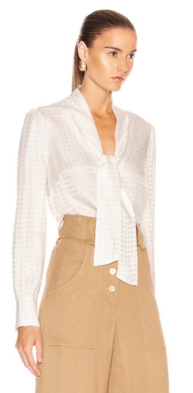 Veronica Beard Nicky Satin Silk Tie Neck Button Front Blouse in Cream 4